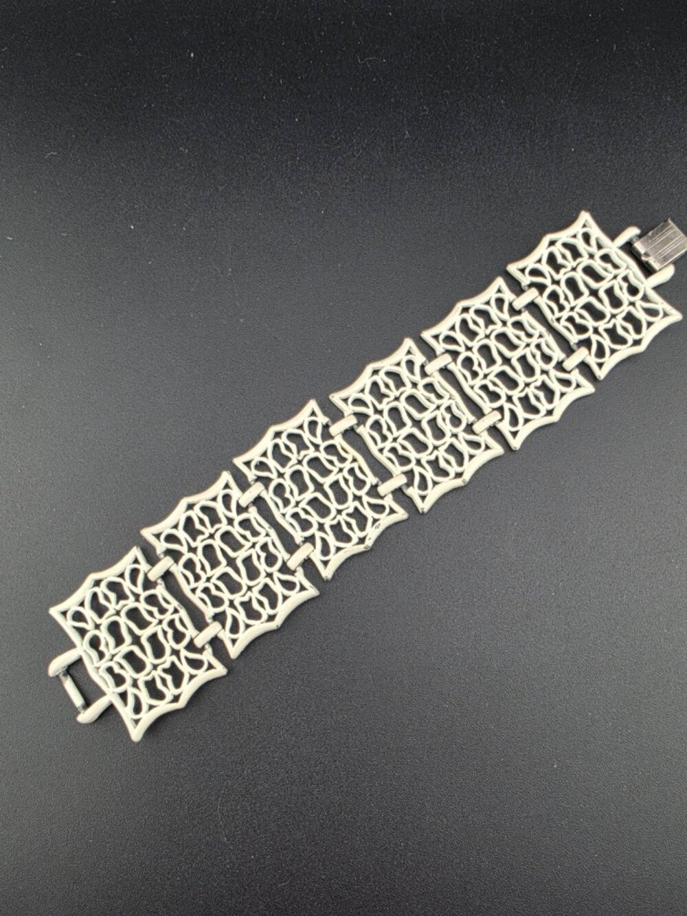 Vintage Off White Cream Enamel Filigree Panel Bracelet 7"